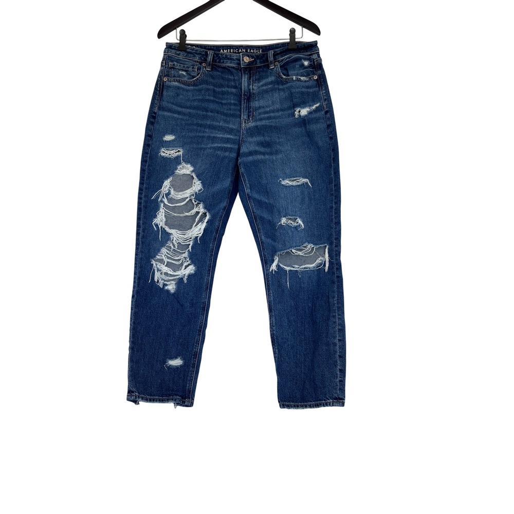 American Eagle Mom Jeans Womens 12 Distressed Floral Embroidered Medium Wash